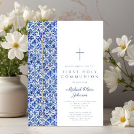 クロスモダンブルータイルボーイファーストコミュニオン 招待状