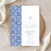 クロスモダンブルータイルボーイファーストコミュニオン 招待状