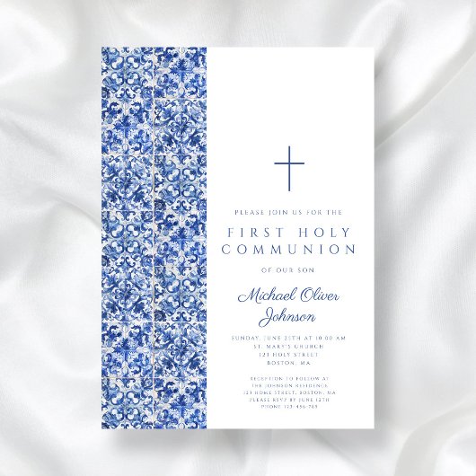 クロスモダンブルータイルボーイファーストコミュニオン 招待状