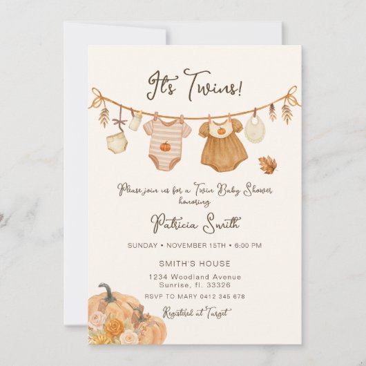 クロスラインカボチャ双子ベビーシャワー 招待状 (正面)