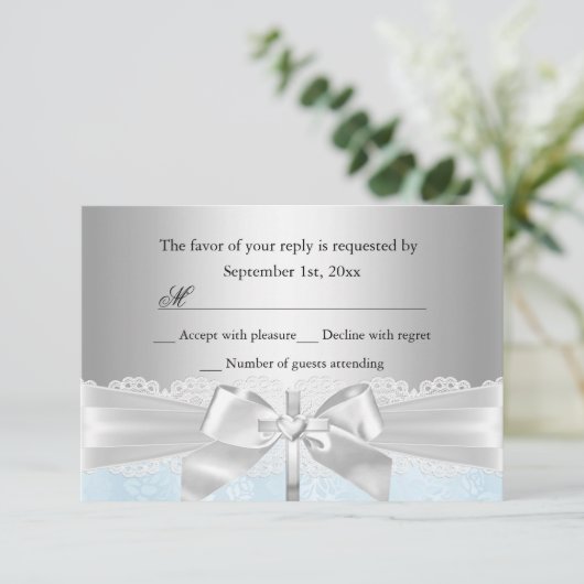 クロスレースボウブルーバプテスマ/《キリスト教》洗礼式や命名式RSVP 出欠カード (スタンド正面)