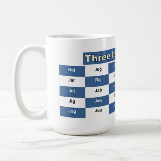 クロスワードまたはワードゲーム用の3文字のJワード コーヒーマグカップ (左)