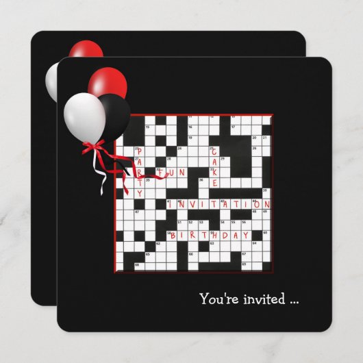 クロスワードパズルとバルーン誕生日パーティー 招待状 (正面/裏面)