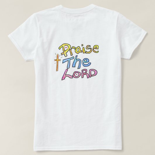 クロス柄のクリスチャンレディース「主を賛美せよ」 Tシャツ (デザイン裏面)