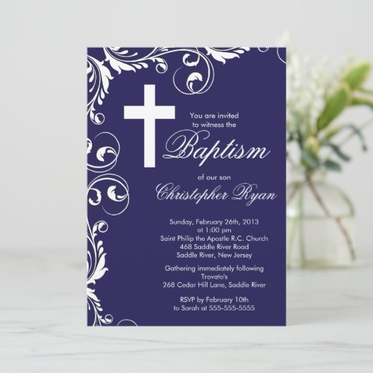 クロス男の赤ちゃんバプティエレガントスマ《キリスト教》洗礼式や命名式 招待状 (スタンド正面)
