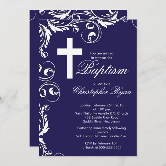 クロス男の赤ちゃんバプティエレガントスマ《キリスト教》洗礼式や命名式 招待状 (正面/裏面)