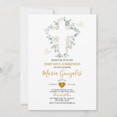 クロス白い花ガールファースト聖餐式 招待状 (正面)