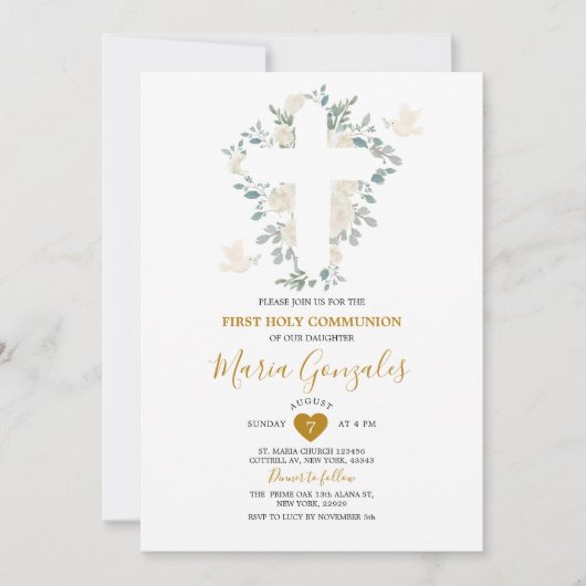 クロス白い花ガールファースト聖餐式 招待状 (正面)