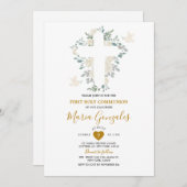 クロス白い花ガールファースト聖餐式 招待状 (正面/裏面)