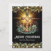 クロス白熱［赤熱］光を放つ | 黒い背景クリスマスカード シーズンカード (正面)