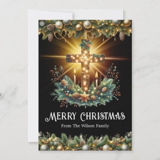 クロス白熱［赤熱］光を放つ | 黒い背景クリスマスカード シーズンカード (正面)