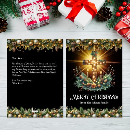 クロス白熱［赤熱］光を放つ | 黒い背景クリスマスカード シーズンカード