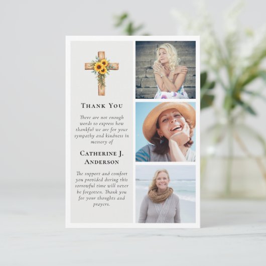 クロス素朴ひまわり3フォト悔やみや弔慰葬儀 サンキューカード (スタンド正面)
