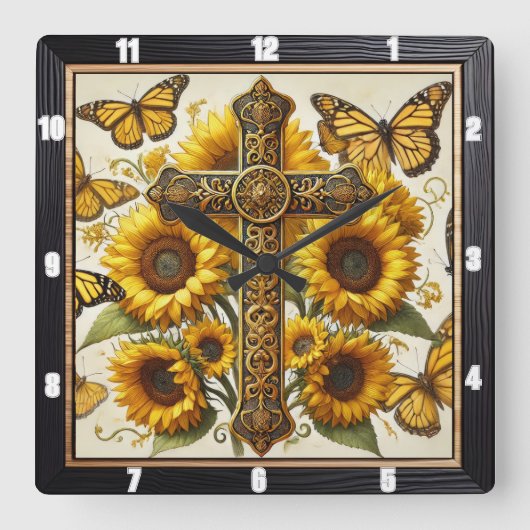 クロス華美ひまわり蝶 スクエア壁時計 (正面)