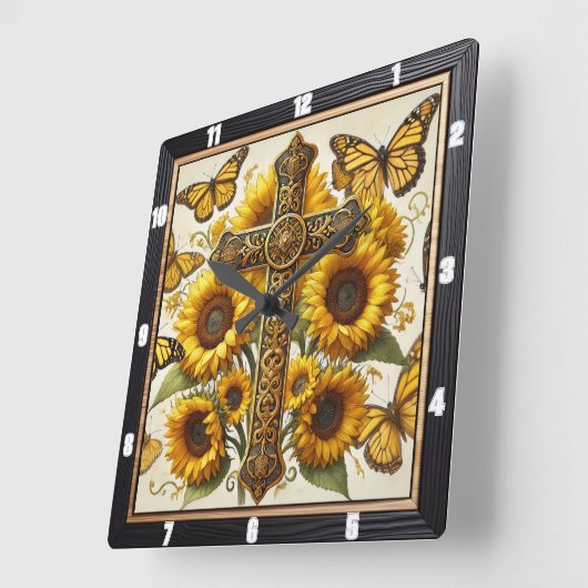 クロス華美ひまわり蝶 スクエア壁時計 (傾斜)
