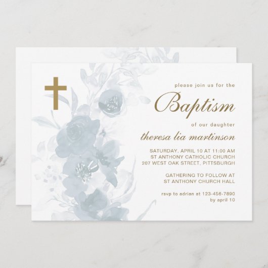 クロス・バプテスマを持つ繊細なフローラ 招待状 (正面/裏面)
