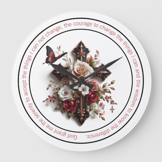 クロス、バラ、バタフライセレニティ祈りの言葉 ラージ壁時計 (正面)