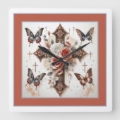 クロス、バラ、蝶 スクエア壁時計 (正面)