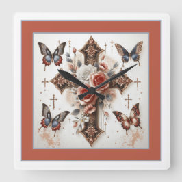 クロス、バラ、蝶 スクエア壁時計