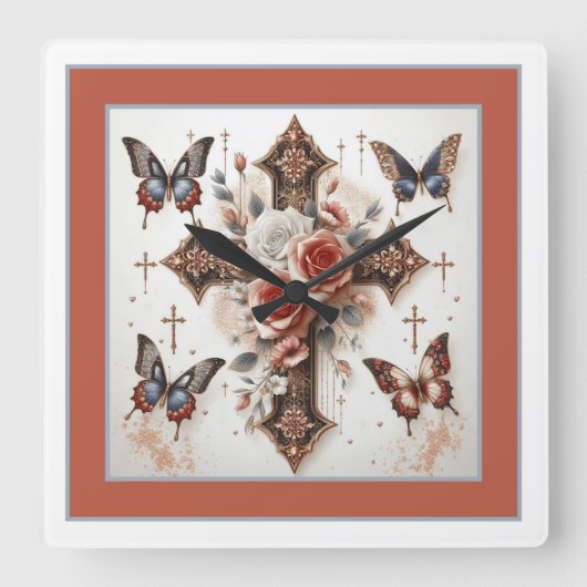 クロス、バラ、蝶 スクエア壁時計 (正面)