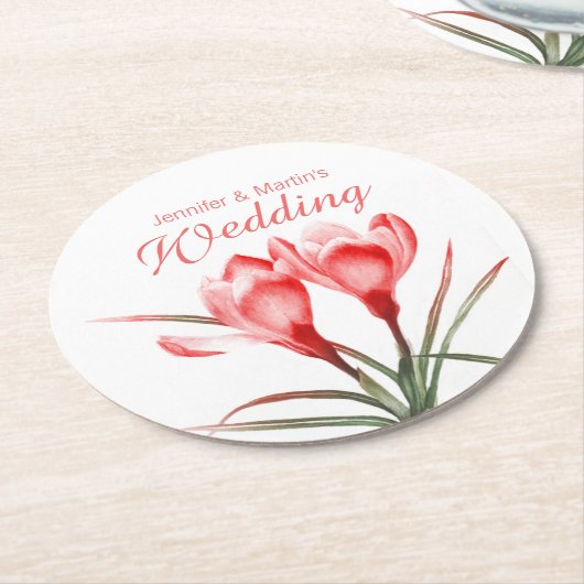 クロッカスの水彩画の芸術のオレンジ結婚式のコースター ラウンドペーパーコースター (アングル)