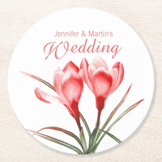 クロッカスの水彩画の芸術のオレンジ結婚式のコースター ラウンドペーパーコースター (正面)