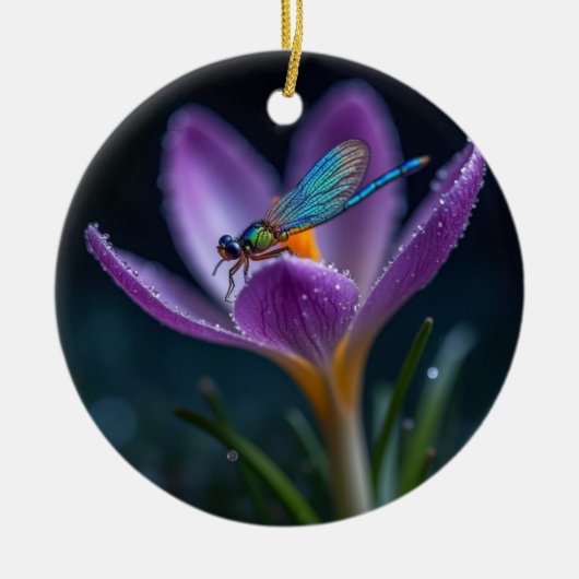 クロッカスの花にとまるトンボ セラミックオーナメント (正面)