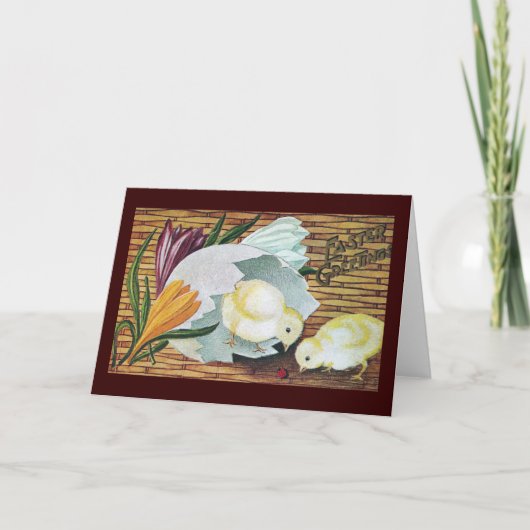 クロッカス、ひよこおよびてんとう虫のヴィンテージイースター シーズンカード (正面)