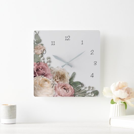 クロックと#のヴィンテージフローラ スクエア壁時計 (ホーム)