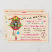 クロックのまわりにブライダルシャワーフォークアートカッコウ 招待状 (正面/裏面)
