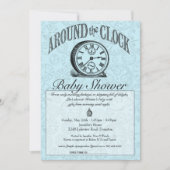 クロックのまわりにベビーシャワー招待状 – 青 招待状 (正面)