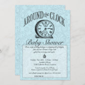 クロックのまわりにベビーシャワー招待状 – 青 招待状 (正面/裏面)