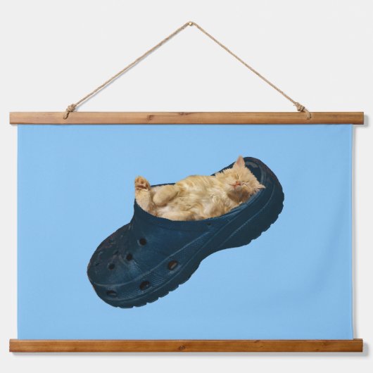 クロックの靴で眠っている子ぶら下がった猫 吊り下げ型タペストリー (正面)