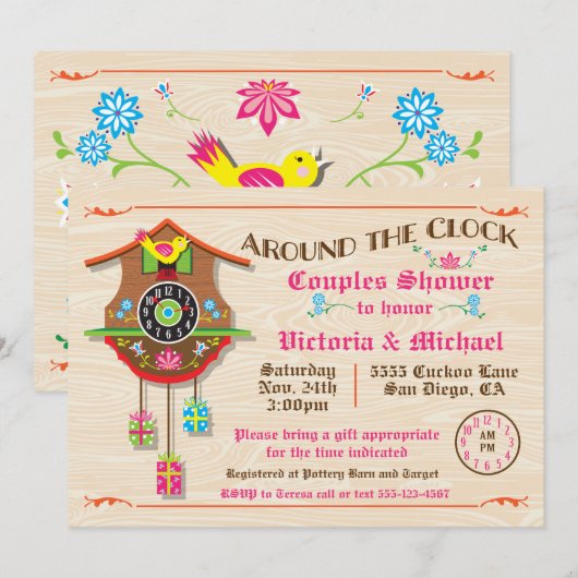 クロック ラウンド ブライズシャワー フォークアート カッコー 招待状 (正面/裏面)