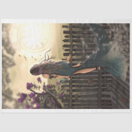 クロッシングオーバー、ポートレートフローラ鳥フェンス時計 薄葉紙 (正面)