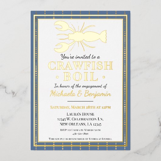 クロフィッシュシーフードブルー婚約パーティ 箔招待状 (正面)