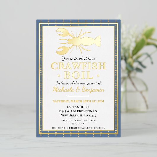 クロフィッシュシーフードブルー婚約パーティ 箔招待状 (立ち正面)