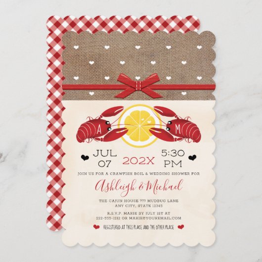 クロフィッシュボイルウェディングシャワーカップルモノグラムインビ 招待状 (正面/裏面)