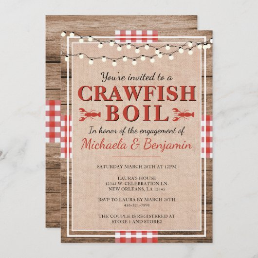 クロフィッシュボイルロブスター婚約パーティ 素朴 招待状 (正面/裏面)