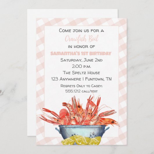 クロフィッシュ女の子のための最初の誕生日招待状を沸騰 シーズンカード (正面/裏面)