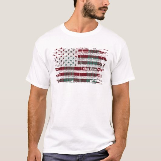 クロフォード姓アメリカ国旗スコットランドのクランTarta Tシャツ (正面)