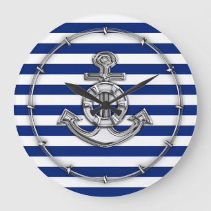 クロムのような海軍のストライプ ラージ壁時計