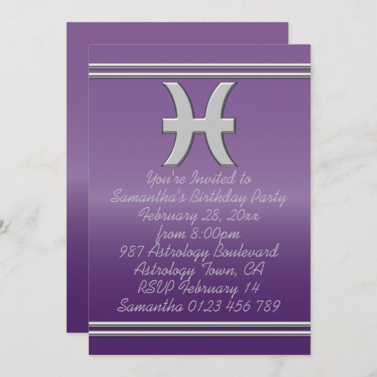 クロムの魚座記号(誕生日パーティーのアメジスト時) 招待状 (正面/裏面)