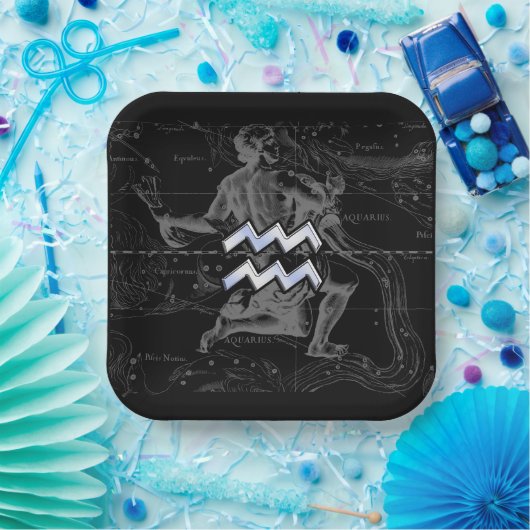 クロムスタイルアクエリアス〔占星術の〕十二宮図シンボルon Hevelius ペーパープレート (パーティー)