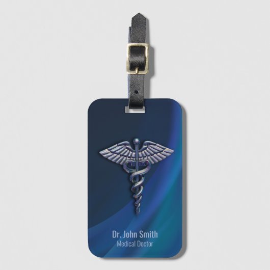 クロムホログラフィックダーク3Dメディカルカドゥセウス ラゲッジタグ (正面縦)