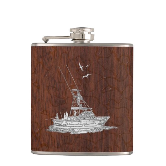 クロムマーリン魚釣りボートオンウェットマホガニープリント フラスク (正面)