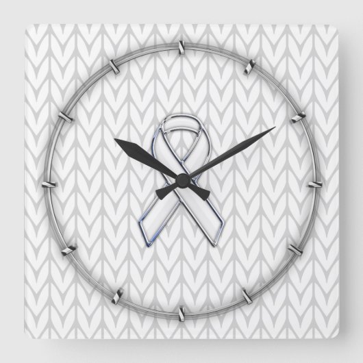 クロムライクホワイトニットリボン認識度プリント スクエア壁時計 (正面)