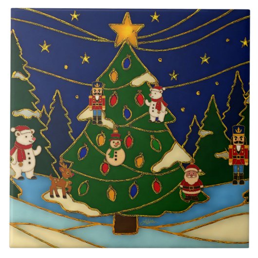 クロワゾネ アート 幻想的な森 クラシック クリスマス タイル (正面)
