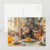 クロワッサンとジュースを添えた朝食の机に座る猫 シーズンポストカード (正面/裏面)