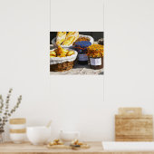 クロワッサンとチョコレートパン入りのバスケット。 ポスター (キッチン)